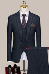 Dark Blue Striped Three Piece Notched Lapel Business Suit