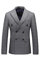 Dark Gray Double Breasted Plaid Business Suit for Men
