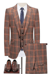 Dark Gray and Reddish Brown Plaid Slim Fit Business Suit