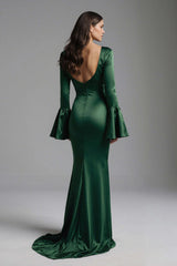 Dark Green Backless Flare Sleeves Mermaid Long Evening Dress With Ruffles