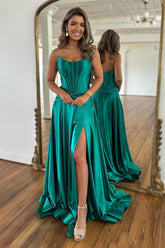 Dark Green Corset Prom Dress A Line Satin Long Evening Dress with Slit