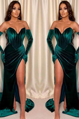 Dark Green Front Split V Neck Sleeveless Velvet Mermaid Evening Dress