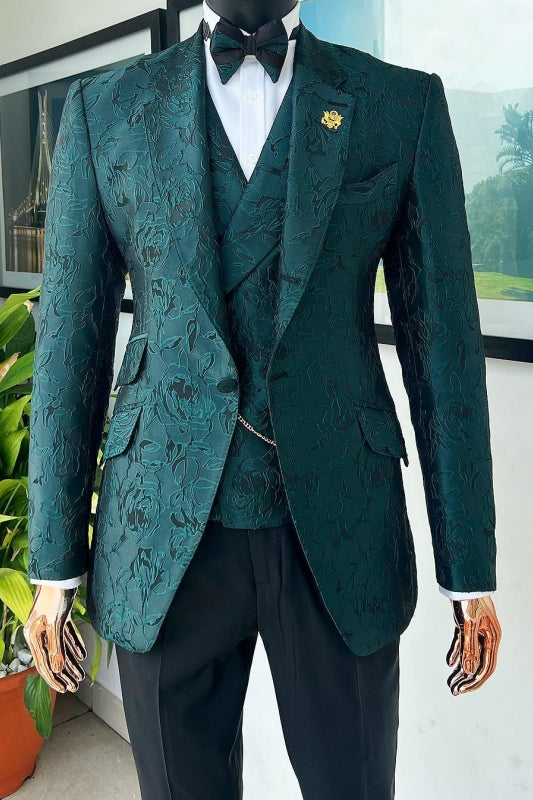 Dark Green Jacquard Notched Lapel 3 Piece Fancy Prom Suit