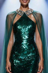 Dark Green Mermaid Halter Long Sequin Pageant Dress With Cape