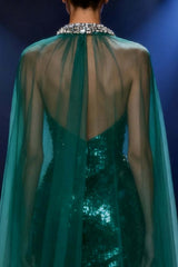 Dark Green Mermaid Halter Long Sequin Pageant Dress With Cape