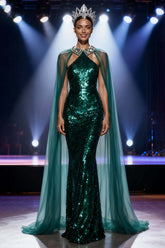 Dark Green Mermaid Halter Long Sequin Pageant Dress With Cape