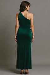Dark Green One Shoulder Long Mermaid Prom Dress With Slit