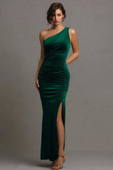 Dark Green One Shoulder Long Mermaid Prom Dress With Slit