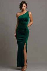 Dark Green One Shoulder Long Mermaid Prom Dress With Slit