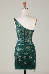 Dark Green One Shoulder Sequined Short Graduation Dress with Feathers