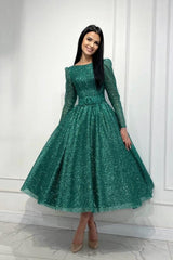 Dark Green Wedding Guest Dress A Line Sequined Ankle Length Formal Dress With Sleeves