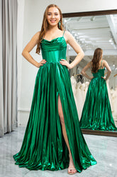 Dark Green Prom Dress A Line Spaghetti Straps Long Corset Evening Dress With Slit