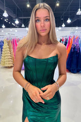 Dark Green Prom Dress Corset Metallic Long Evening Dress With Slit