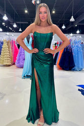 Dark Green Prom Dress Corset Metallic Long Evening Dress With Slit