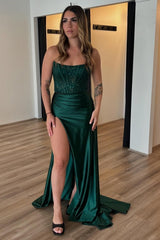 Dark Green Prom Dress Corset Strapless Long Evening Dress With Slit