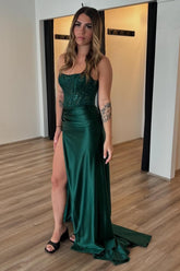 Dark Green Prom Dress Corset Strapless Long Evening Dress With Slit