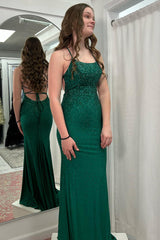 Dark Green Prom Dress Mermaid Beaded Lace-Up Back Long Evening Dress