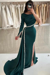 Dark Green Prom Dress Mermaid Crew One Shoulder Sleeve Beaded Panel Train Satin Slit Formal Dress With Rhinestone