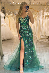 Dark Green Prom Dress Mermaid Long Appliqued Evening Dress With Slit