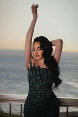 Dark Green Prom Dress Mermaid Strapless Beaded Sleeveless Formal Dress With Rhinestones