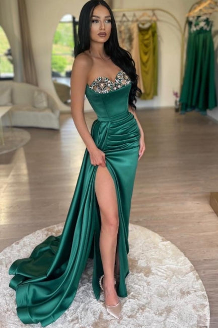 Dark Green Prom Dress Mermaid Strapless Satin Beading Formal Dress With Slit