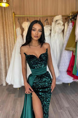 Dark Green Prom Dress Mermaid Sweetheart Strapless Sequined Sleeveless Panel Train Satin Formal Dress With Slit
