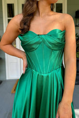 Dark Green Prom Dress Satin Corset A Line Formal Dress With Slit
