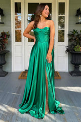 Dark Green Prom Dress Satin Corset A Line Formal Dress With Slit