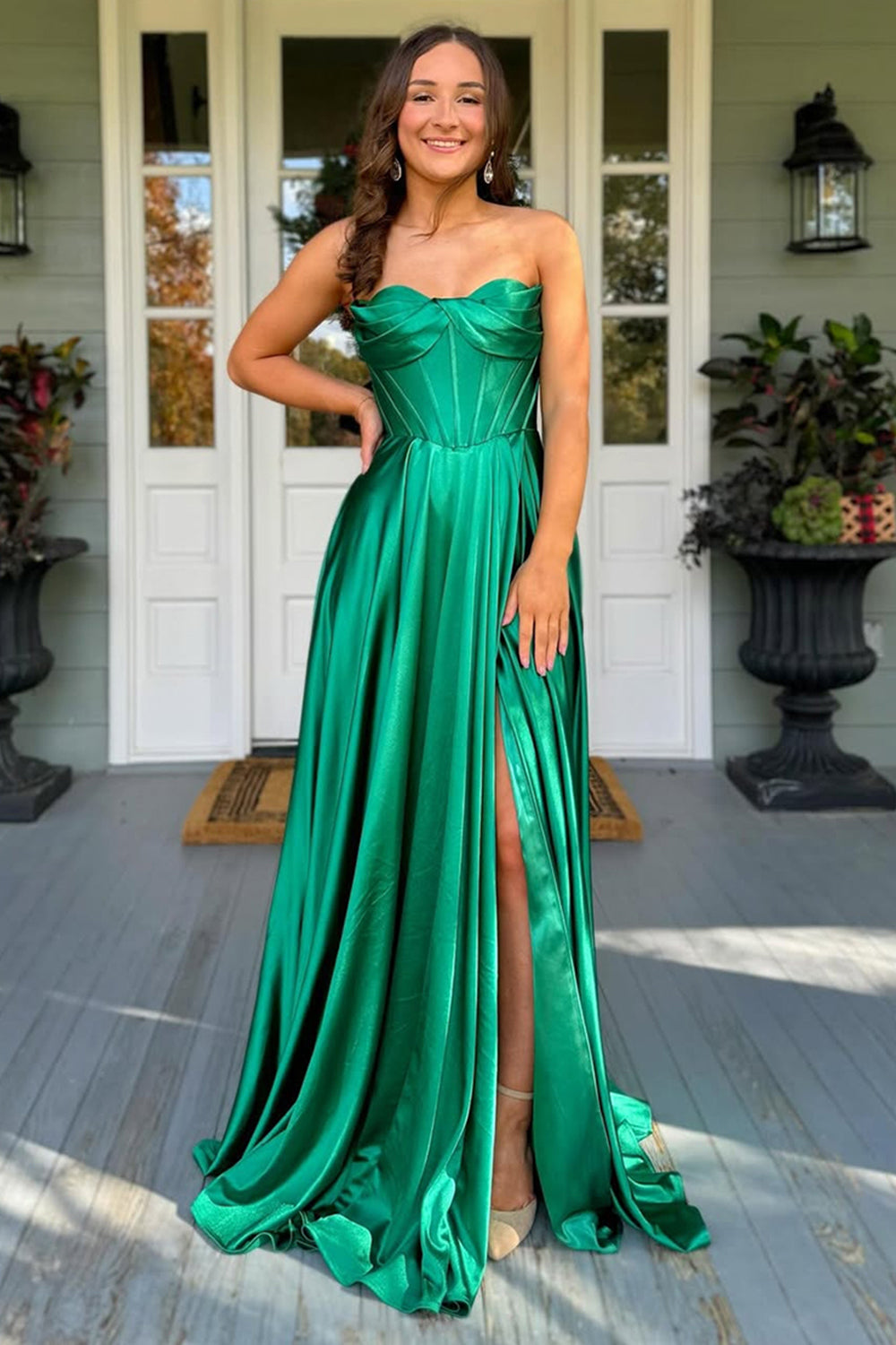 Dark Green Prom Dress Satin Corset A Line Formal Dress With Slit