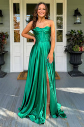 Dark Green Prom Dress Satin Corset A Line Formal Dress With Slit