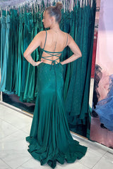 Dark Green Prom Dress Sequined Mermaid Spaghetti Straps Long Evening Dress
