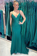 Dark Green Prom Dress Sequined Mermaid Spaghetti Straps Long Evening Dress