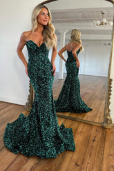 Dark Green Prom Dress Sequined Mermaid Sweetheart Long Evening Dress
