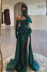 Dark Green Prom Dress Strapless A Line Sleeveless Slit Satin Formal Dress