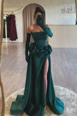 Dark Green Prom Dress Strapless A Line Sleeveless Slit Satin Formal Dress