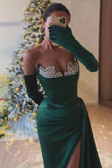 Dark Green Prom Dress Sweetheart Mermaid Beaded Slit Formal Dress With Rhinestone