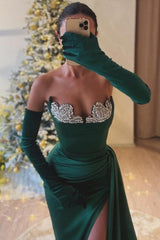 Dark Green Prom Dress Sweetheart Mermaid Beaded Slit Formal Dress With Rhinestone