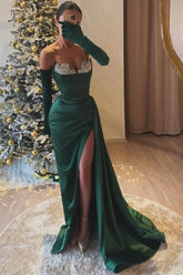 Dark Green Prom Dress Sweetheart Mermaid Beaded Slit Formal Dress With Rhinestone