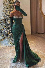 Dark Green Prom Dress Sweetheart Mermaid Beaded Slit Formal Dress With Rhinestone