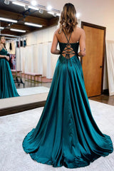 Dark Green Satin A Line Appliques Prom Dress with Slit