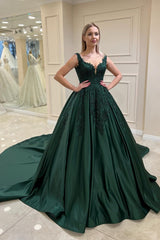 Dark Green Satin Ball Gown Prom Dress with Beaded Lace Appliques