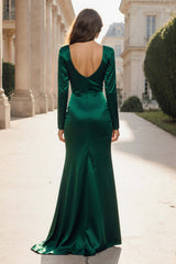 Dark Green Satin Mermaid Rched Long Sleeves Prom Dress With Slit