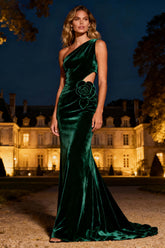Dark Green Velvet Mermaid Cut-Out Long Holiday Party Dress With 3D Flower