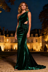 Dark Green Velvet Mermaid Cut-Out Long Holiday Party Dress With 3D Flower