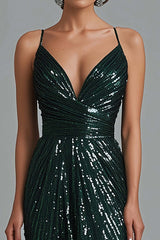 Dark Green Wedding Guest Dress Mermaid Spaghetti Straps Sequins Long Formal Dress