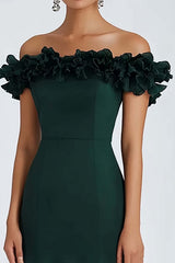 Dark Green Wedding Guest Dress Satin Off The Shoulder A Line Evening Dress With Ruffles