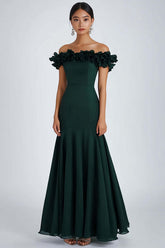 Dark Green Wedding Guest Dress Satin Off The Shoulder A Line Evening Dress With Ruffles