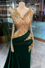 Dark Green and Gold Velvet Evening Dress with Beaded Bodice and Long Sleeves