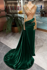 Dark Green and Gold Velvet Evening Dress with Beaded Bodice and Long Sleeves