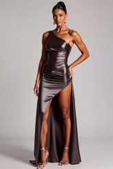 Dark Grey Wedding Guest Dress One Shoulder Long Satin Evening Dress With Slit